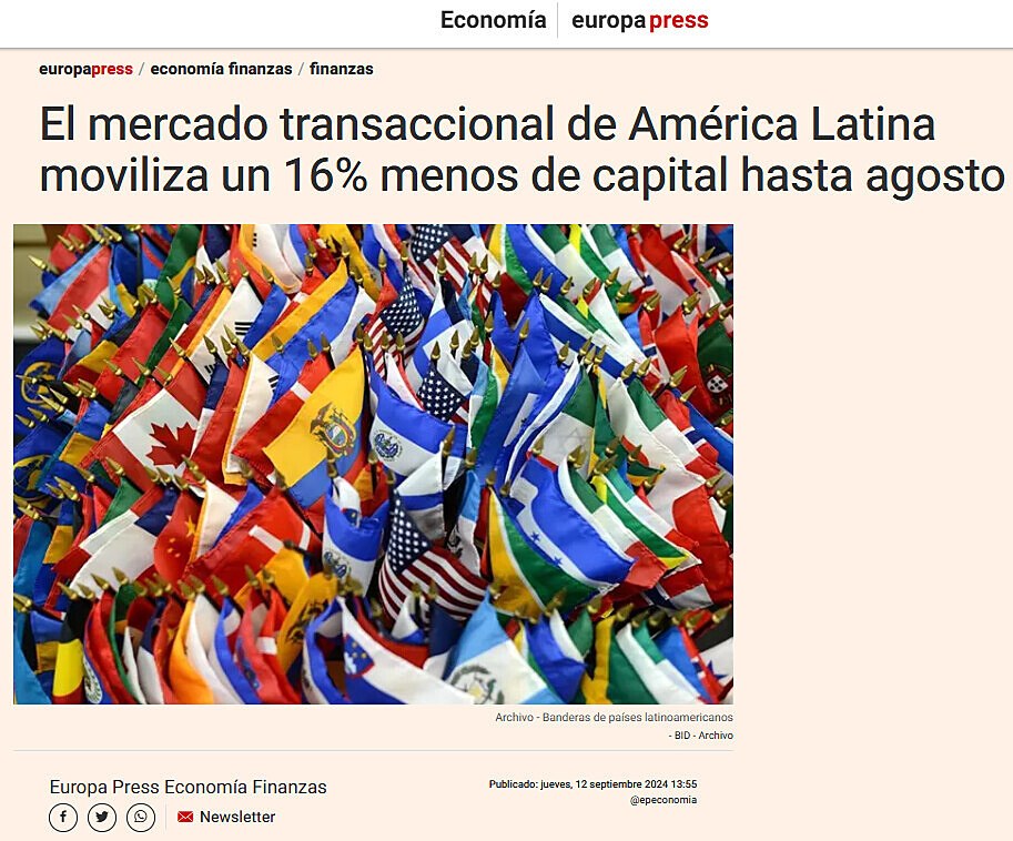 El mercado transaccional de Amrica Latina moviliza un 16% menos de capital hasta agosto